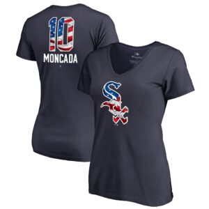 Yoan Moncada Chicago White Sox Fanatics Branded Women's 2019 Stars & Stripes Banner Wave Name & Number V-Neck T-Shirt - Navy